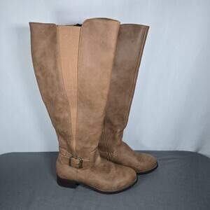 Luoika Women's Size 7 Brown Faux Leather Wide Calf Knee High Boots Buckle Strap